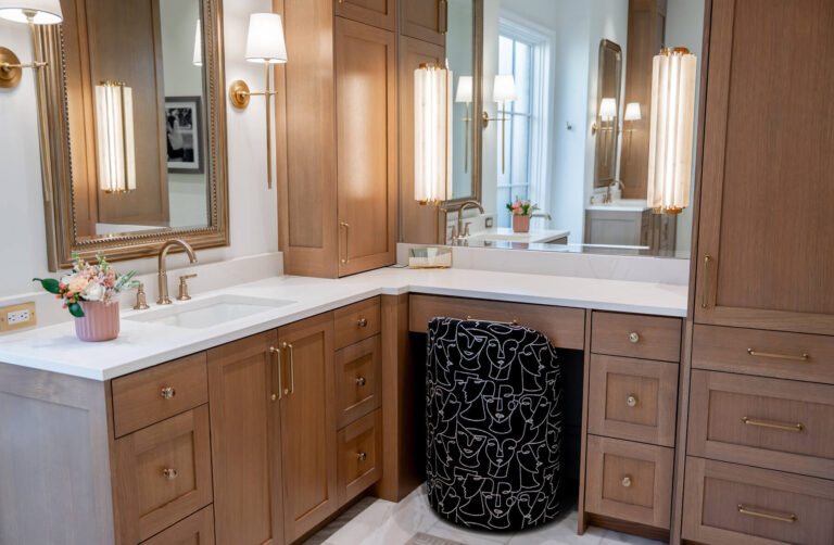 Brunswick custom makeup vanity with wood cabinetry in Midway Hollow home