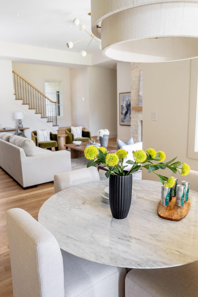 Lyre Lane open concept living area with modern furnishings in Dallas custom home